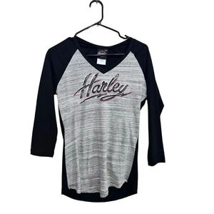 Harley-Davidson Silverton Grey & Black 3/4 Sleeve Shirt with Bling Size Small